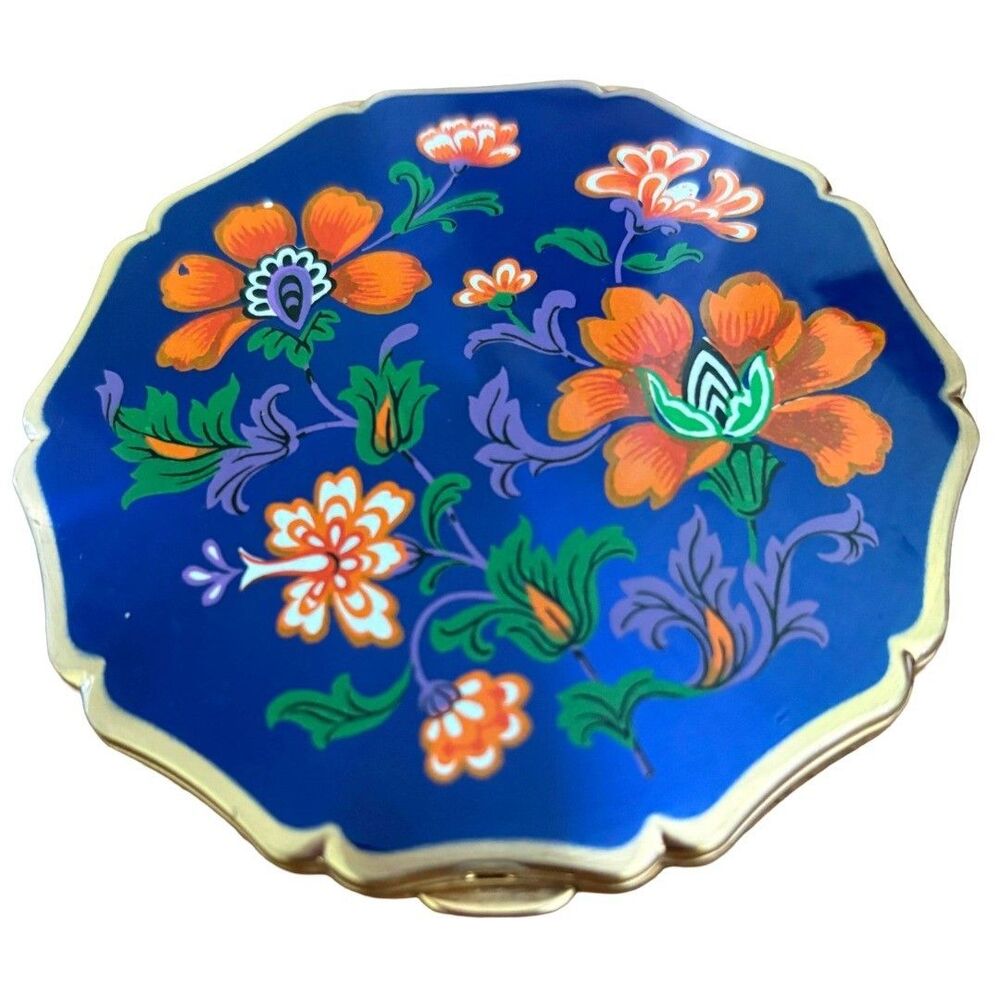 Vintage 1950s Stratton England Compact Mirror Blue Floral 3.25"